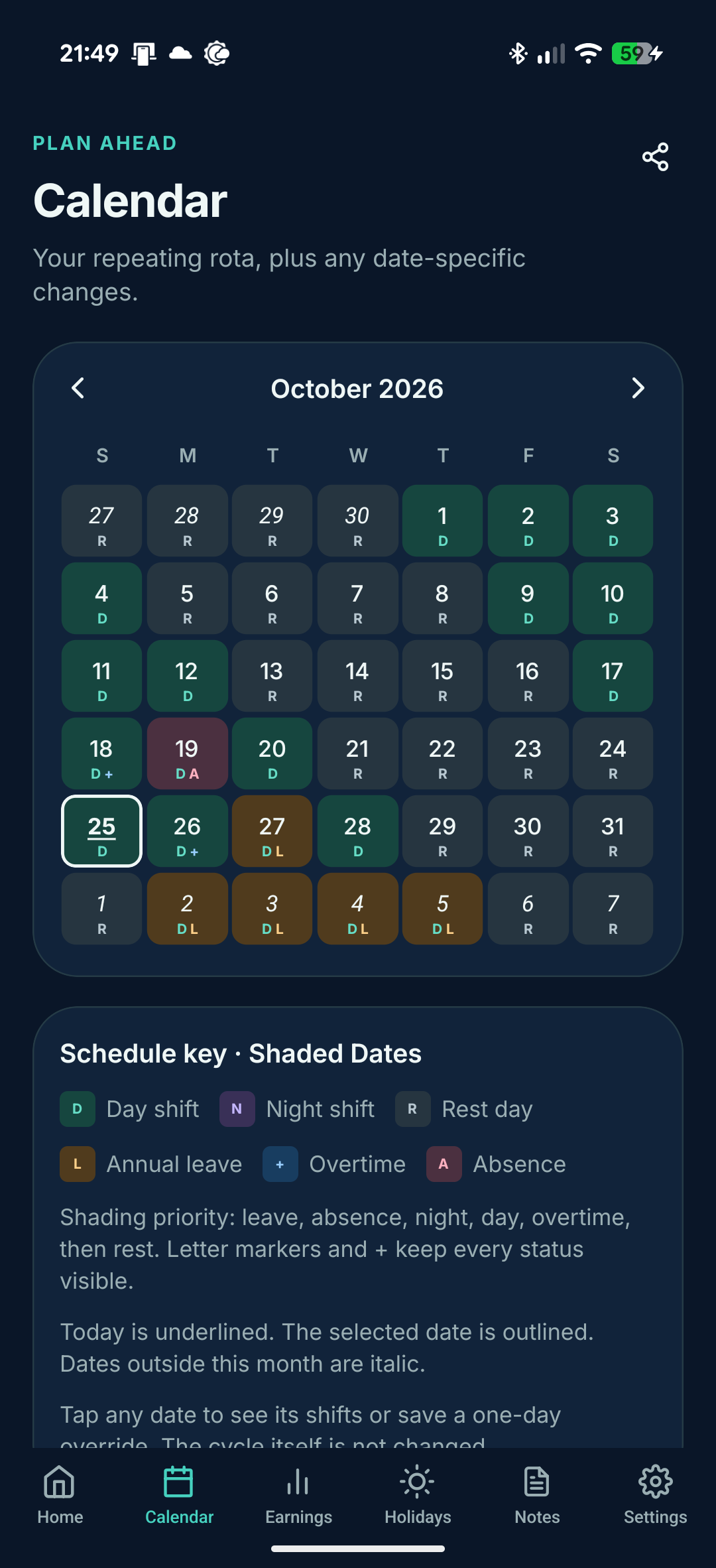 October rota showing shifts, rest days, leave and overtime