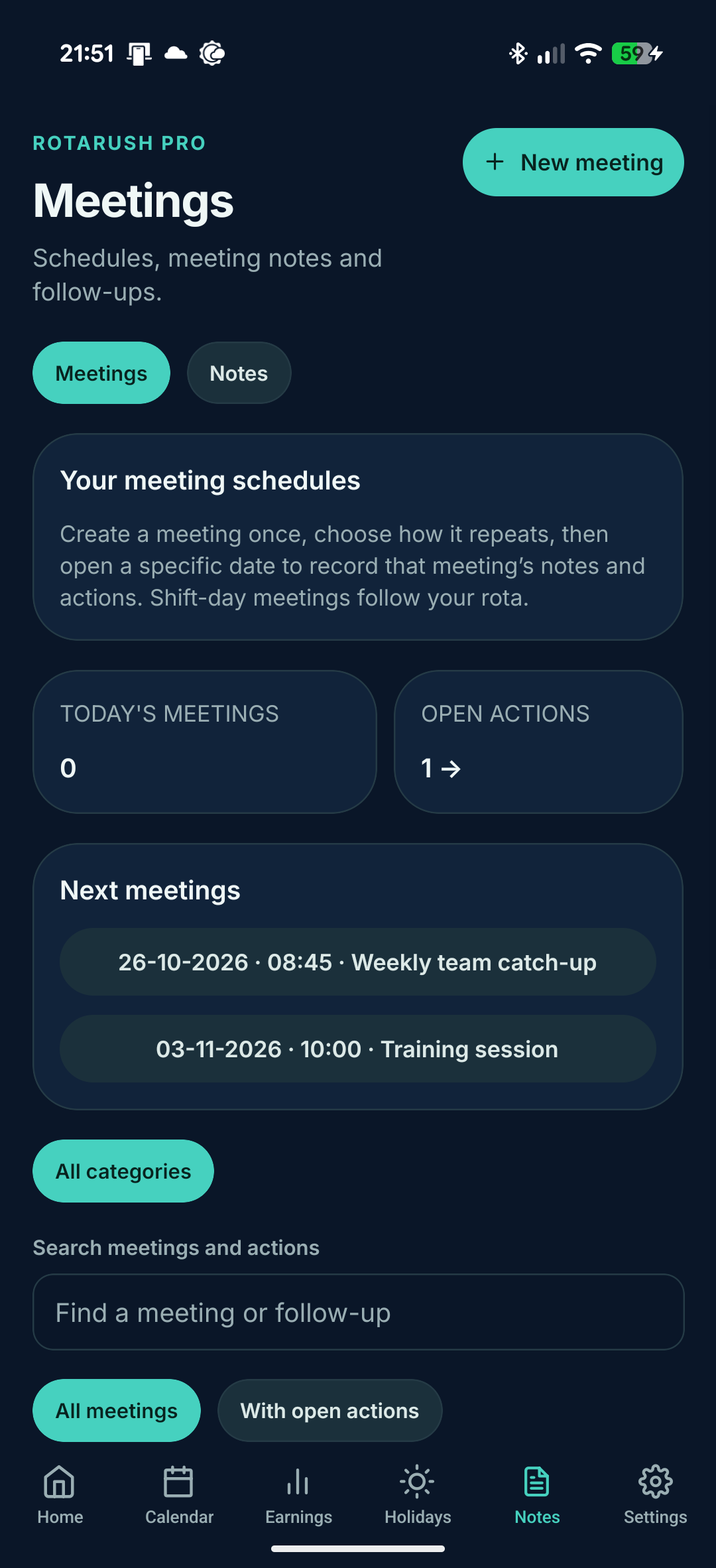 RotaRush meetings screen showing fictional sample records